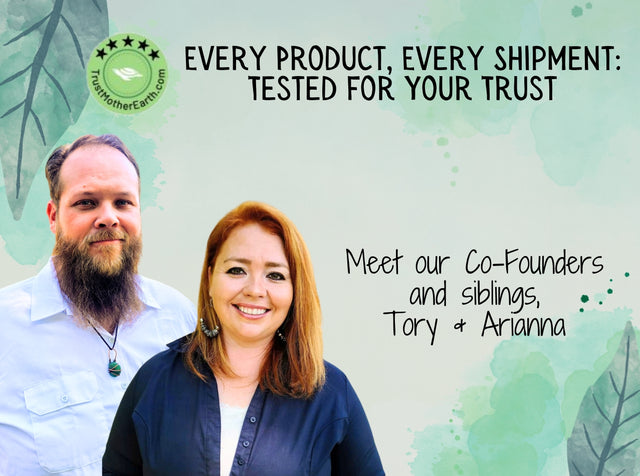 Two people standing together with text about product testing and co-founders on a green background