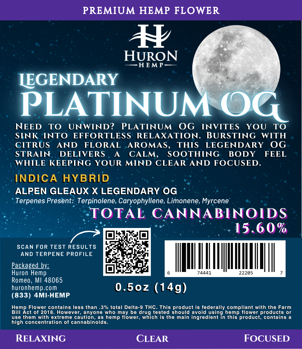 Huron Hemp - CBD Flower - Indica - Legendary Platinum OG - 14 grams Mother Earth Natural Health