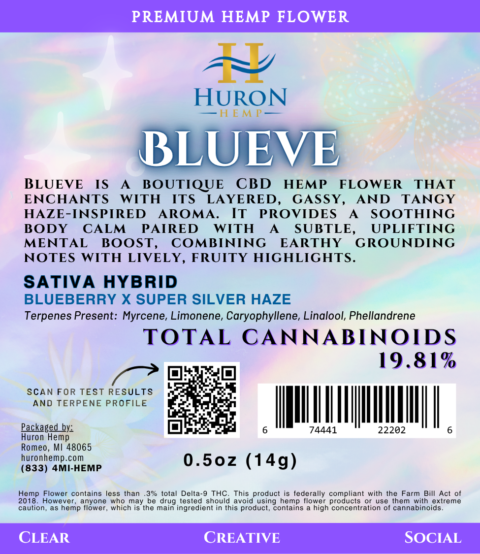 Huron Hemp - CBD Flower - Sativa - Blueve - 14 grams Mother Earth Natural Health