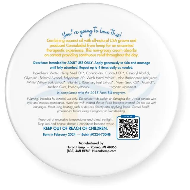 Huron Hemp™ Hand & Body Unscented CBD Cream - Max Strength - 1oz Mother Earth Natural Health