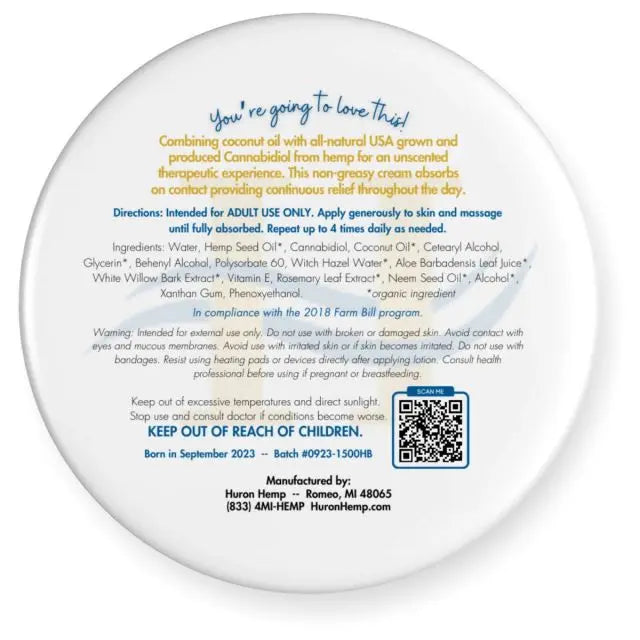 Huron Hemp™ Hand & Body Unscented CBD Cream - Max+ Strength - 1oz My Store