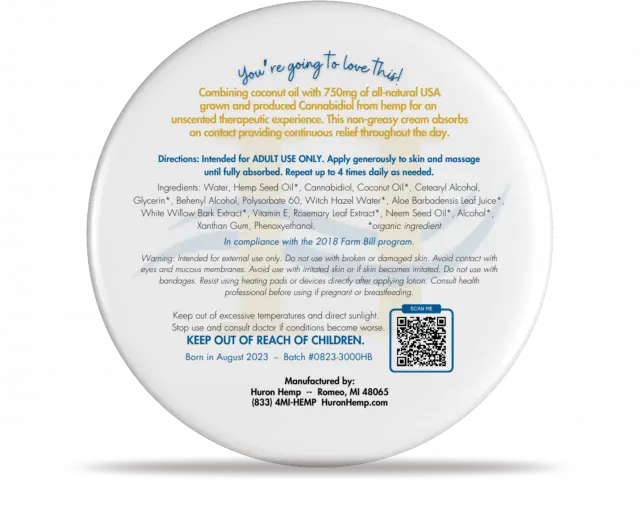 Huron Hemp™ Hand & Body Unscented CBD Cream - Athletic Strength - 1oz My Store