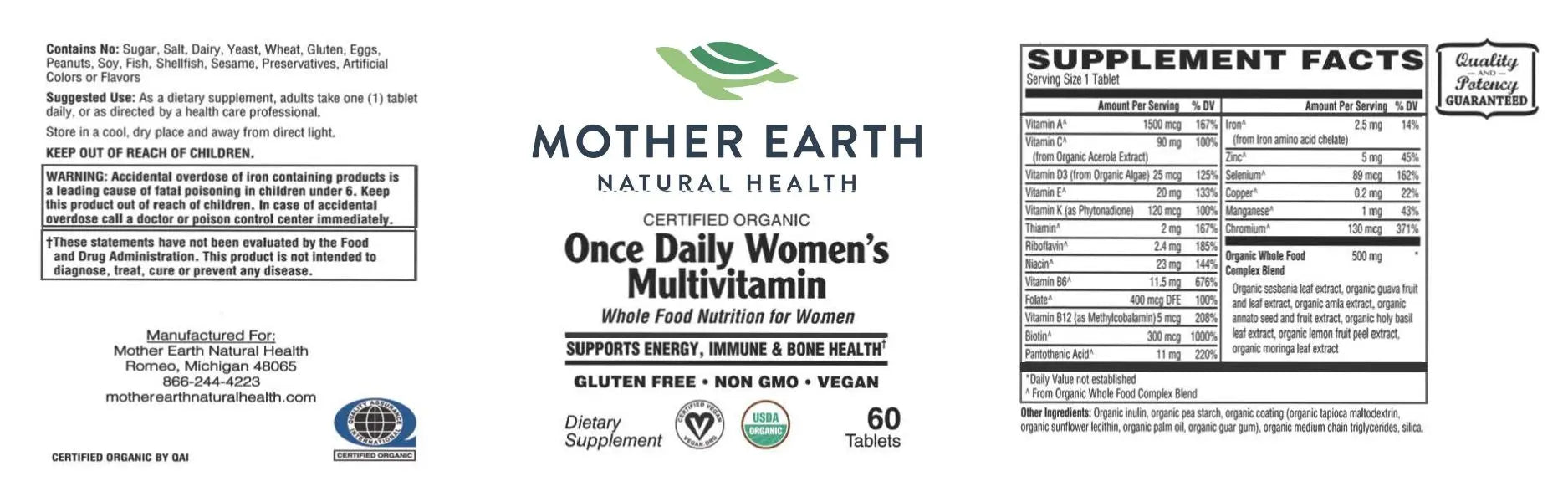 Mother Earth Supplements Organic Once Daily Women's Multivitamin - Tablets