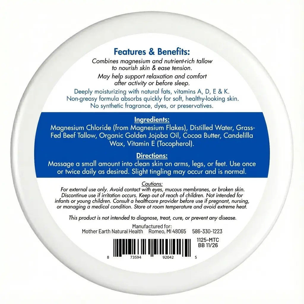 Mother Earth - Magnesium Tallow Cream - Unscented 1oz