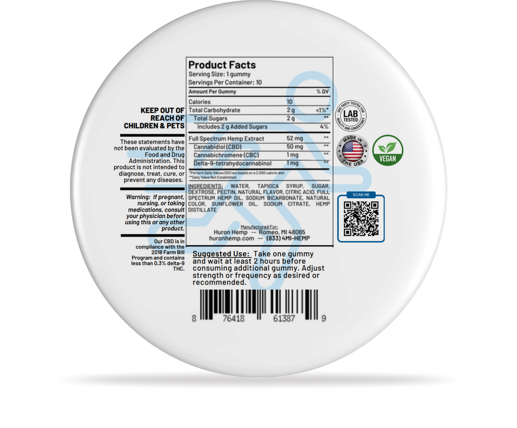 Huron Hemp - CBD Gummies - Anytime - 50mg Full Spectrum CBD - 10 Count