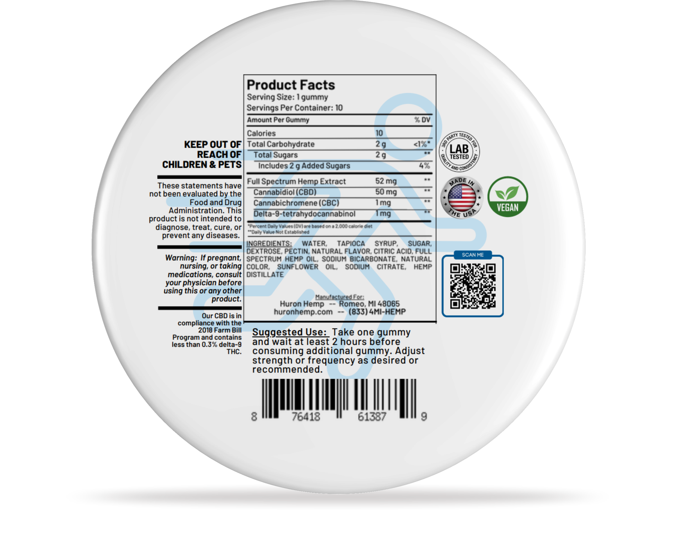 Huron Hemp - CBD Gummies - Anytime - 50mg Full Spectrum CBD - 10 Count