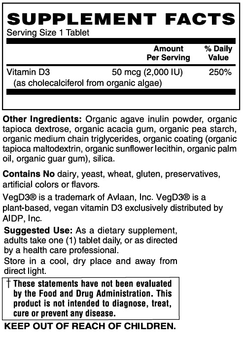 Mother Earth Supplements Organic Whole Food Vitamin D3  VegD3 50mcg, 2000iu - Tablets