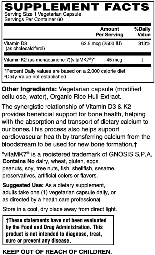 Mother Earth Supplements – Vitamin D3+K2 62.5mcg/45mcg 60ct
