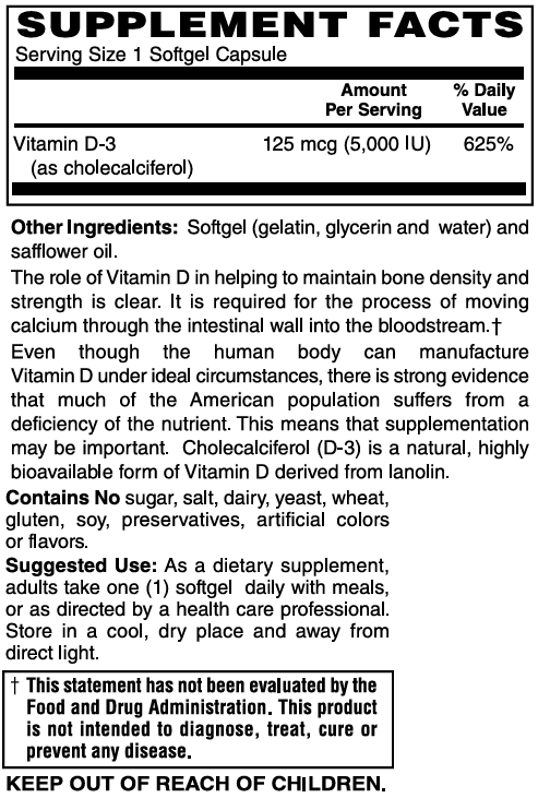 Mother Earth Supplements Vitamin D3 125mcg, 5000iu - Softgels