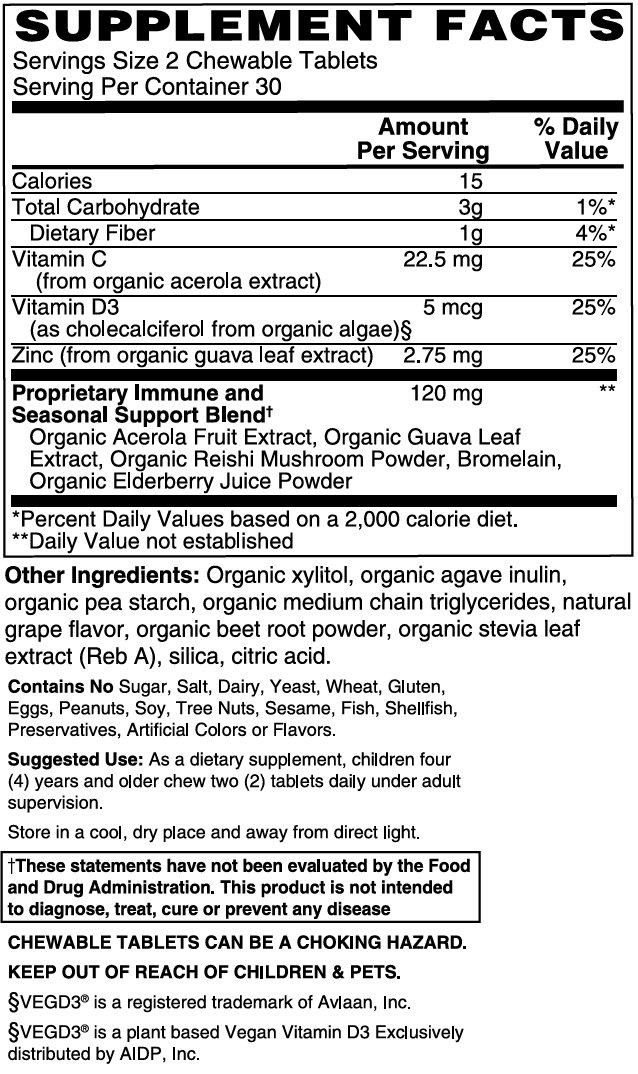 Mother Earth KIDS Organic Kids Immune & Allergy Support - Chewable Grape Tablets
